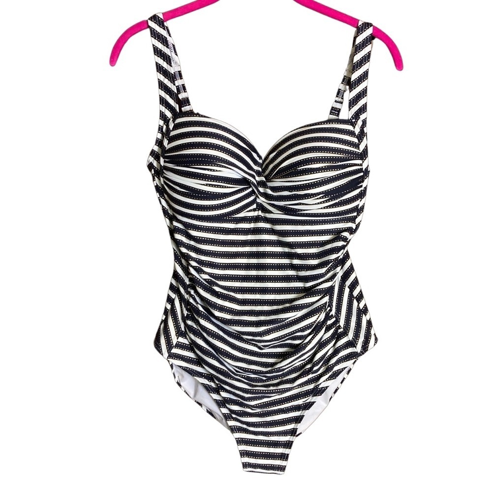 NipTuck Swim Women's Swimsuit Sz 10 One Piece Navy Striped Adjustable Straps